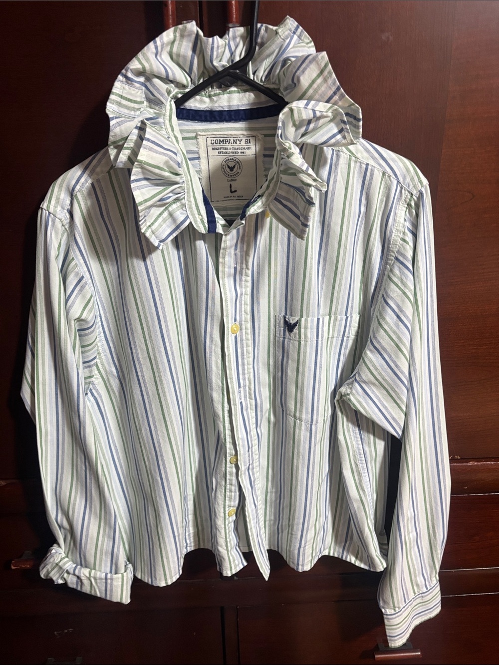 Upcycled American Eagle Ruffled Collar Shirt